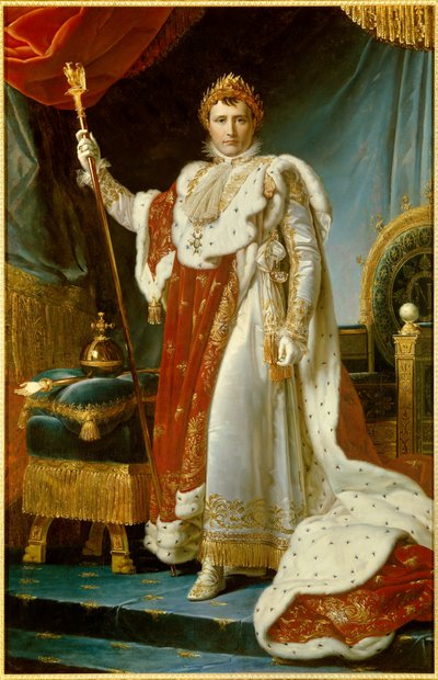 神聖な衣装を身にまとったナポレオン1世（1769-1821）の足元の肖像 フランソワ・ジェラール（1770-1837）の描いたフランスの皇帝。1805.薄暗い。2.23 x 1.43 m. Versailles, musee du Chateau - 戴冠式の衣装を着たナポレオン1世の全身像（1769-1821年） 皇帝 作： Baron François Pascal Simon Gérard
