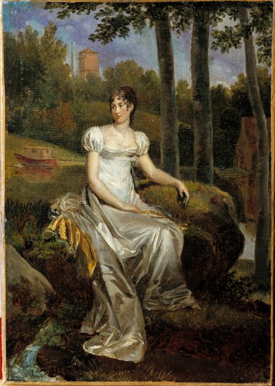 ベルビュー城の公園で、スウェーデン女王ベルナドッテの妻であり、モンテ・コルボの王女であったデジレ・クラリー（1777-1860）の肖像。フランソワ・ジェラール（1770-1837）による絵画 作： Baron François Pascal Simon Gérard