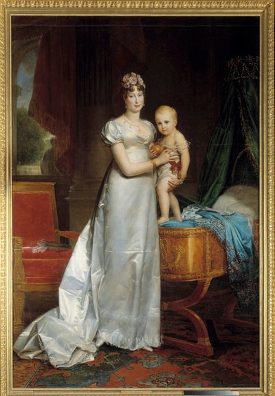 印象的なマリー・ルイーズ（1791-1847）とローマ王の肖像 フランソワ・ジェラール（1770-1837）の絵画 1813.薄暗い。2,40 x 1,62 m. Versailles, Musee du Chateau - 皇后マリー・ルイーズ（1791-1847）とローマ王の肖像。フランコによる絵画 作： Baron François Pascal Simon Gérard