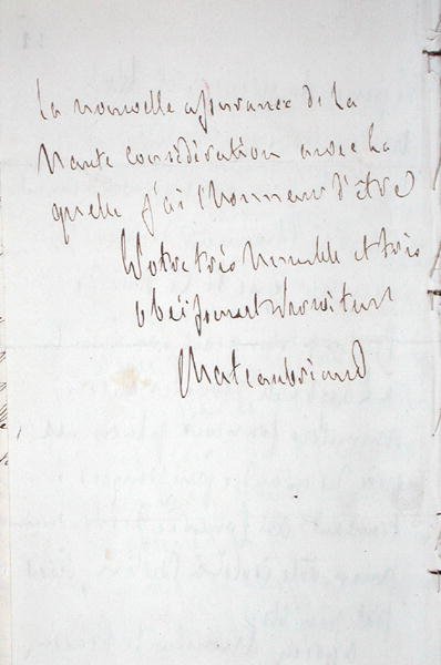 1821年1月7日、シャトーブリアンが全権公使としてベルリンに赴く途中、フランクフルトで書かれた筆者の署名入りの手紙（紙にペンとインク） 作： Francois Rene Vicomte de Chateaubriand