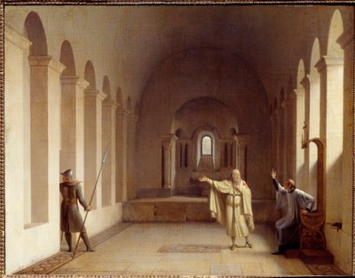 Jacques de Molay (Molai) (1243-1314) テンプル騎士団の大師範Jacques de Molayは1307年から停止しており、シノンの王宮に拘留され、教皇と王室の代表者に尋問されています。フランソワ・リシャール・フルーリー（1777-1852）による絵画 S 作： Francois Richard Fleury