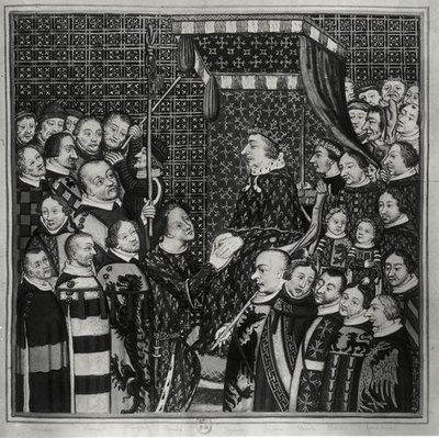 ルイ2世（1337-1410）クレメント伯爵、シャルル5世（1338-80）に敬意を表する 14世紀のミニアチュールのコピー（紙に水彩）（モノクロ写真あり 作： Francois Roger de Gaignieres