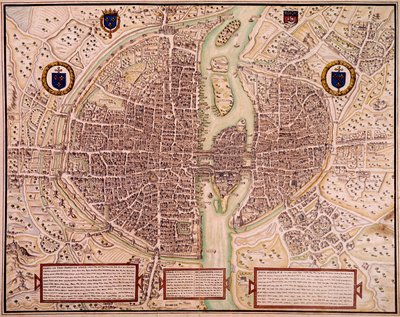 タペストリーに描かれている1540年から1555年のパリの街の地図。フランソワ・ロジェ・ド・ガイニエール（1642-1715）によるエングレーヴィング。paris, B.N. 作： Francois Roger de Gaignieres
