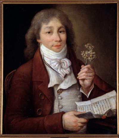 詩人で政治家のフィリップ・フランソワ・ナゼール・ファーブル（ファーブル・デグランティーヌ）（1750-1794）がトゥールーズの花の競技会で獲得した銀のユリを手にしている肖像」フランソワ・トミール（1751-1843）の絵画 カルカソンヌ。美術博物館 作： Francois Thomire