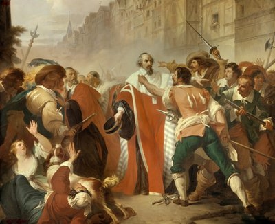 1648年8月27日、フロンドの時代のバリケードの日に派閥に抵抗した印章兵マチュー・モール（1584-1656） カの提案した新税に反対して逮捕されたピエール・ブルッセルの釈放を求める群衆の怒り。 作： Francois Xavier Dupre
