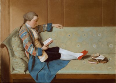 ソファに寄りかかって読書をしている男性の肖像画、18 世紀半ば。 作： Francois Xavier Vispre
