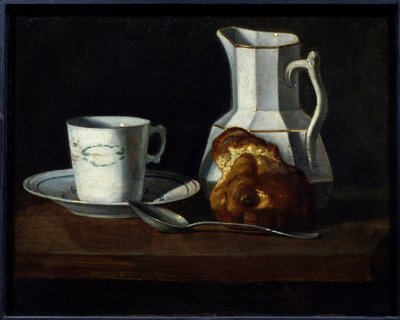 静物ブリオッシュ マグカップ、ミルクとブリオッシュの水差し。 フランソワーズ ブーラン (1817-1887) による絵画 19 世紀のロアンヌ、ジョセフ デシュレット美術館。 - スティルライフ、ケーキマグ、ミルクジャグ、ブリオッシュ。 フランソワーズ・ブーラン (1817-1887) の絵画 作： Francoise Bourin