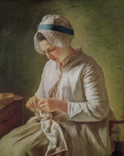 針子または、働く若い女性（キャンバスに油彩） 作： Francoise Duparc