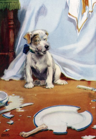 壊れた皿を持つ犬 作： Frank Adams