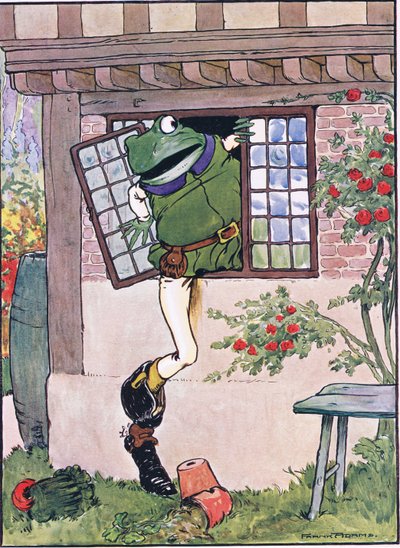 登った窓からのカエル、チャールズH.ベネット著「The Frog will a Wooing Go」のイラスト、1916年 作： Frank Adams