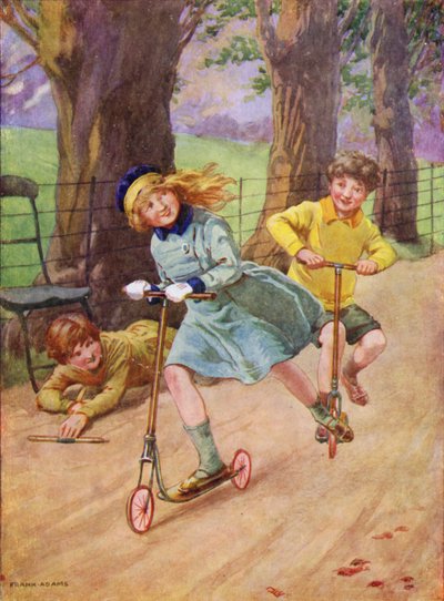 スクーターでレースをする女の子と男の子（カラーリソ） 作： Frank Adams