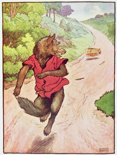 三匹の子豚」の挿絵「彼は足の速さで逃げ出した」1930年代発行（カラーリトグラフ 作： Frank Adams