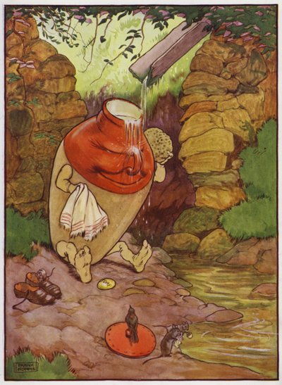 Old Dame Trot And Her Pig」のイラスト（カラーリトグラフ）。 作： Frank Adams