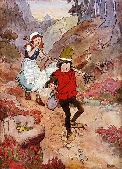 ジャックとジル（フランク・アダムス著「The Beautiful Book of Nursery Rhymes, Stories and Pictures」からのイラスト）（カラーリトグラフ版 作： Frank Adams