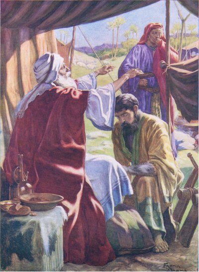 祝福を受けるヤコブ（1950年頃、トーマス・ネルソン社発行の「The Bible Picture Book」より）（カラーリトグラフ 作： Frank Adams