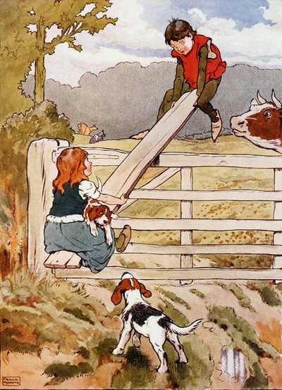See-Saw Marjorie-Daw（フランク・アダムス著「The Beautiful Book of Nursery Rhymes, Stories and Pictures」より）のイラスト（カラーリトグラフ）。 作： Frank Adams