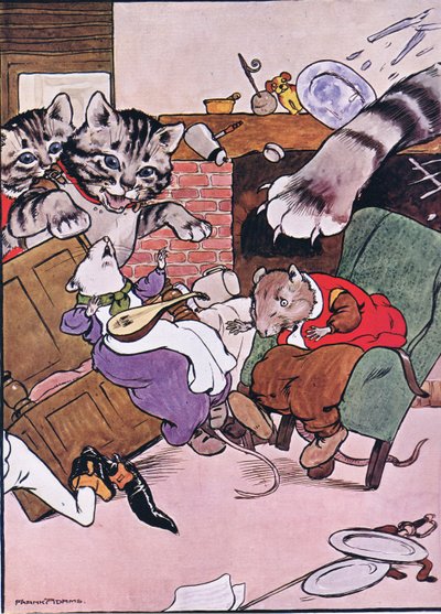 猫と彼女の子猫は、チャールズH.ベネットによる1916年の「カエルはウーイングゴー」のイラストから転がり込みました 作： Frank Adams
