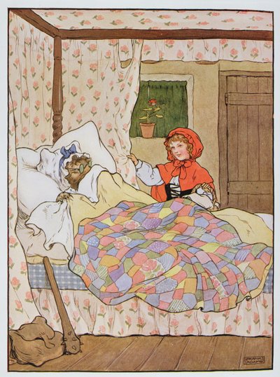 オオカミは赤ずきんちゃんの祖母に変装し、フランクアダムスの「美しい童謡、物語と絵の本」からのイラスト、Blackie und Sonから出版 作： Frank Adams
