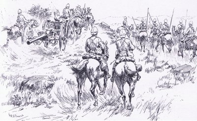 ベルゲンダールを前進する武装騎兵と大砲、イラスト（プレトリア後：ゲリラ戦争、1902年） 作： Frank Algenon Stewart