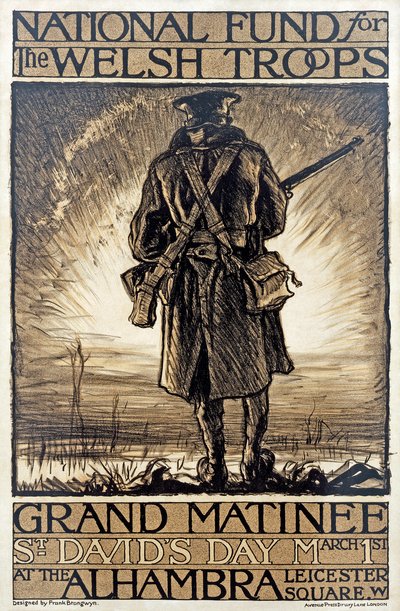 1915 年 3 月 1 日、ウェールズ軍のための国民基金の募金イベントを宣伝するポスター、 作： Frank Brangwyn