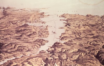 港とセバストポルの港の北側と南側のパノラマビュー。スタナードとディクソン、1855 作： Frank C. Hughes