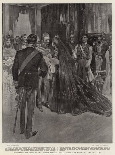 イタリア王女の誕生を登録したマルゲリータ女王、国王を祝福 作： Frank Craig