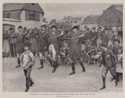 アルデンヌのビーブルで聖ヒューバートの日を祝って、ハントはミサに行きます 作： Frank Dadd