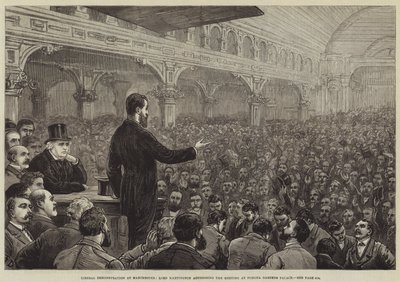 ハーモニング卿、マンチェスターでの自由デモ、ポモナガーデンズパレスでの会議の演説 作： Frank Dadd