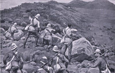 タケスバーグでのデ・ウエットの後衛の追撃（Harmsworth Bros Limited出版のAfter Pretoria: The Guerilla Warより 作： Frank Dadd