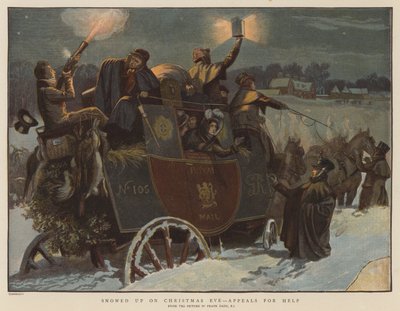 クリスマスイブに雪が降り、助けを求める声（chromolitho） 作： Frank Dadd