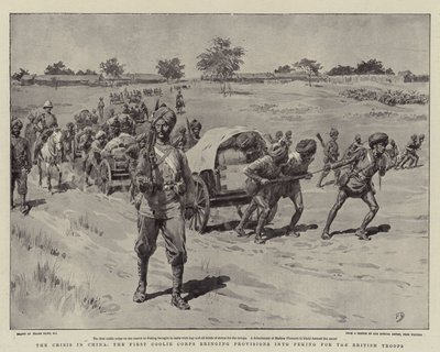 中国の危機、最初のクーリー隊はイギリス軍のために準備を北京にもたらしました 作： Frank Dadd