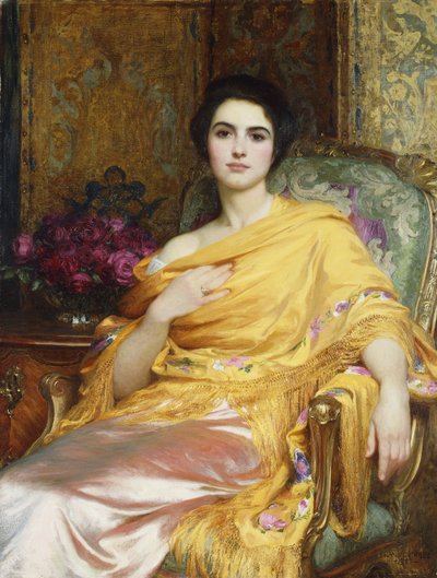エルザの肖像、ウィリアムホールの娘、4分の3の長さ、ピンクのドレスと黄色のラップを着て座っている、1927年 作： Frank Dicksee