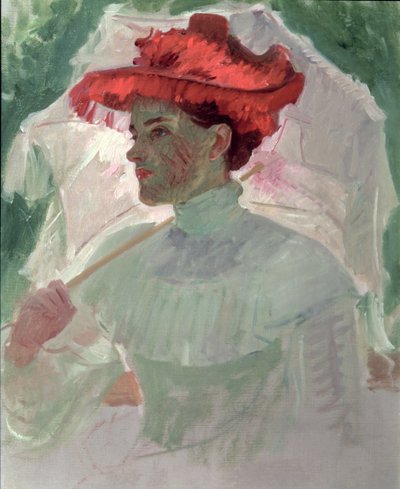 赤い帽子と日傘を持つ女性 作： Frank Duveneck
