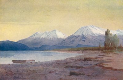 ニュージーランドテ・アナウ湖の麓にて（カラーリトグラフ） 作： Frank H Wright