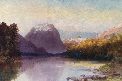 ニュージーランドテ・アナウ湖の湖頭にて（カラーリトグラフ） 作： Frank H Wright