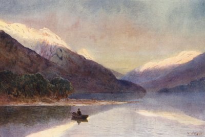 ニュージーランドノース・フィヨルド、テアナウ湖（カラーリトグラフ） 作： Frank H Wright