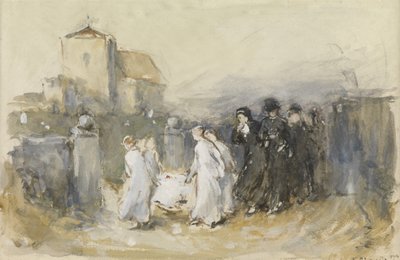 彼女の最初の生まれのための研究、ホーシャム教会墓地（最初の生まれの葬儀）、1874（紙のトイレ） 作： Frank Holl