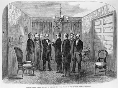 ジョンソン大統領（1808-75）が1866年1月6日の「フランクレスリーのイラスト入り新聞」から宣誓書を執筆 作： Frank Leslie