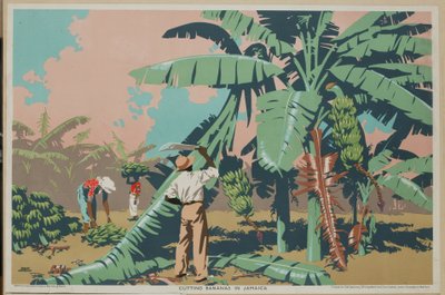 ジャマイカでバナナを切る（カラーリトグラフ） 作： Frank Newbould