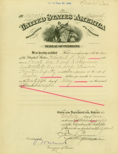 エドワード・パーカー・ライスへの年金受給権の通知（1908年6月20日 作： Frank Pierce