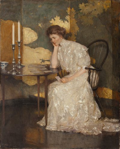 ソリティアで遊ぶ女の子（キャンバスに油彩） 作： Frank Weston Benson
