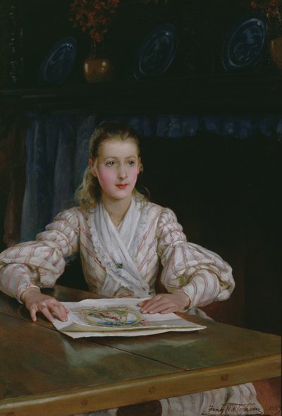 版画を見る少女、1889年 作： Frank William Warwick Topham