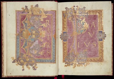 Ms McClean 30、ff.2v-3r：10世紀後半のライヒェナウ書記のアカンサスの葉で囲まれた最初のページ（金インクと羊皮紙のテンペラ） 作： Frankish School