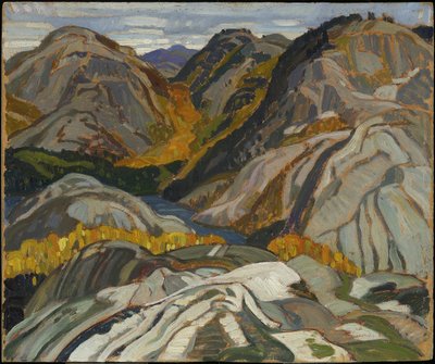 La Cloche Hills、Rocks and Stream、1932（積層板紙に油彩） 作： Franklin Carmichael