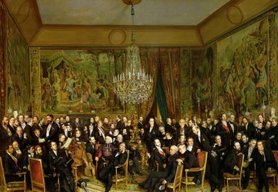 1855年、ルーヴル美術館で開催されたニューウェルケルケ伯爵アルフレッド・エミリアンのサロン（1811-1892年）。 作： François August Biard