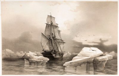 1838 年 8 月 7 日のベア島近くのコルベット ラ レシェルシュ、1852 年のスカンジナビアの航海より。 作： François Auguste Biard