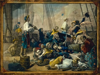 女装した海賊が商船を囮にしようとする。 作： François Auguste Biard