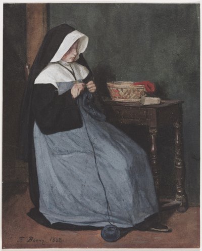 テーブル編みに座った修道女、1862年。 作： François Bonvin