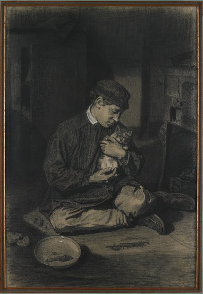 猫を抱いた着席少年（直腸）;子猫と牛乳のプレートの研究（verso）、c。 1874-80（オフホワイトの紙の上に白いチョークで黒チョークを高くしたもの） 作： François Bonvin