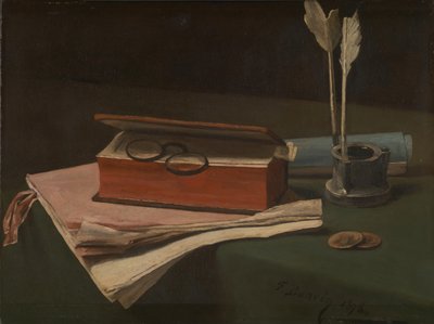 本、ペーパー、インクウェルのある静物、1876 作： François Bonvin